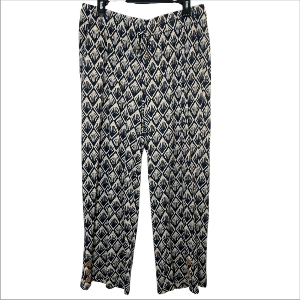 C&C women’s 100% linen navy cream Patterned drawstring wide leg Pants size XL